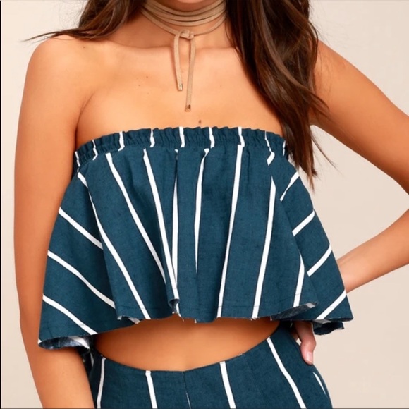 NWT FAITHFULL Suns Out Top linen strapless frayed cropped navy white striped - Picture 2 of 15